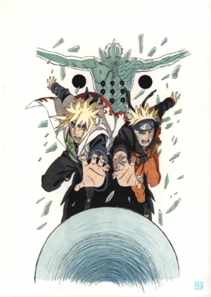 Vue d'ensemble du fukusei genga officiel Naruto illustrant l'attaque combinée au Rasengan de Naruto et Minato contre Obito.