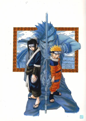Vue d'ensemble du fukusei genga officiel Naruto illustrant Naruto et Haku devant la figure menaçante de Zabuza Momochi.